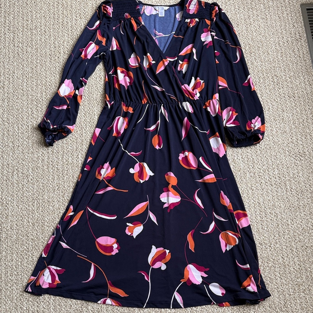 London Times Navy and Pink Floral Long Sleeve Dress
